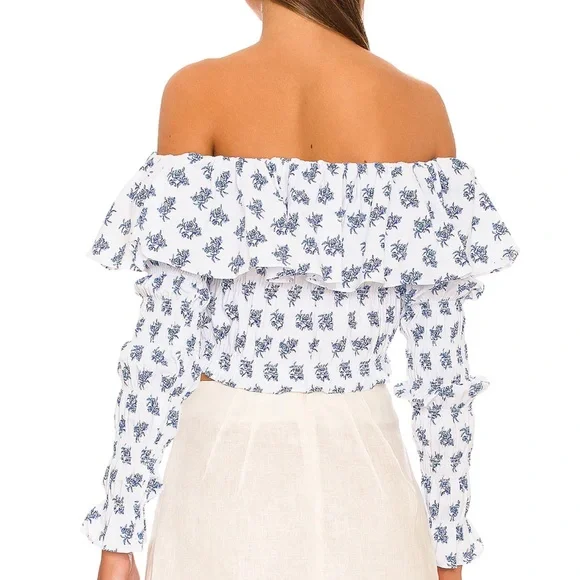 NWT caroline constas lydia off the shoulder top in blue toile spot